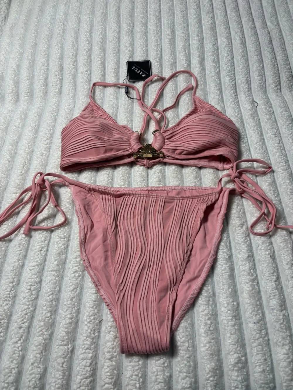 Zaful Pink Ruched Bikini Set with Gold Hardware